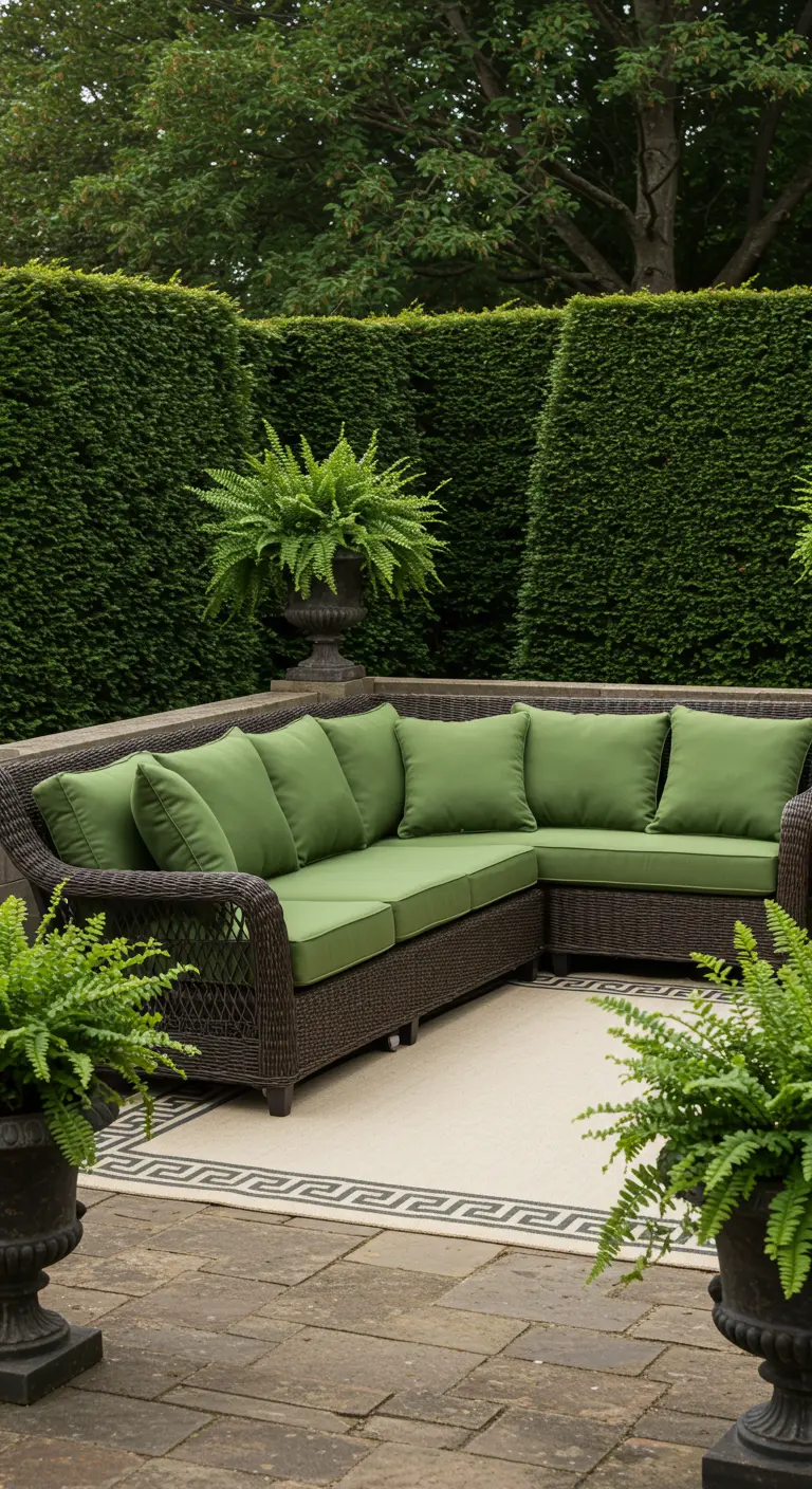A dark rattan sectional with green cushions flanked by classic urns and clipped hedges.