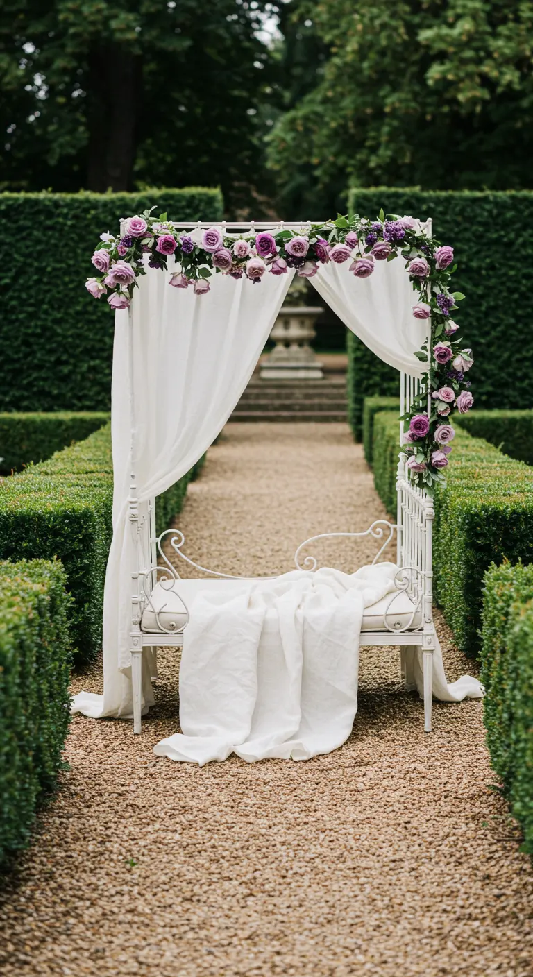 A white wrought iron daybed with a canopy and purple roses, set in a formal garden.