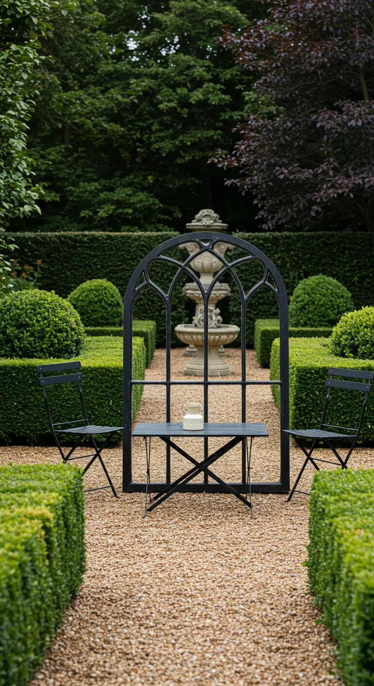 A black arched window frame stands in a formal garden, framing a view of a fountain.