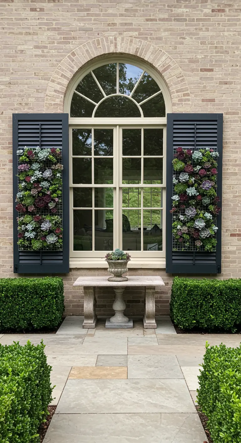 Elegant black shutters filled with succulents framing a large arched window.