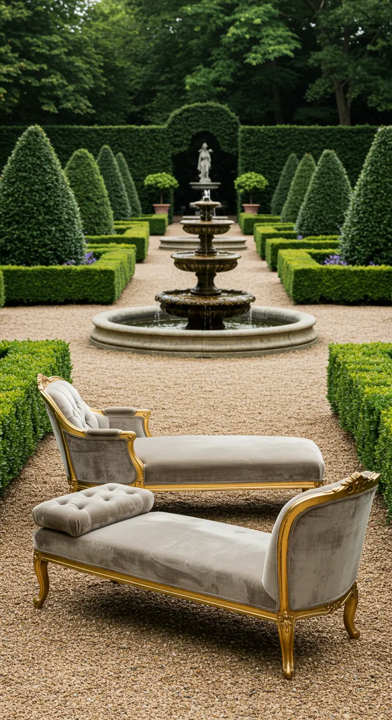 Two gray velvet chaises with gold frames in a formal garden with a fountain.
