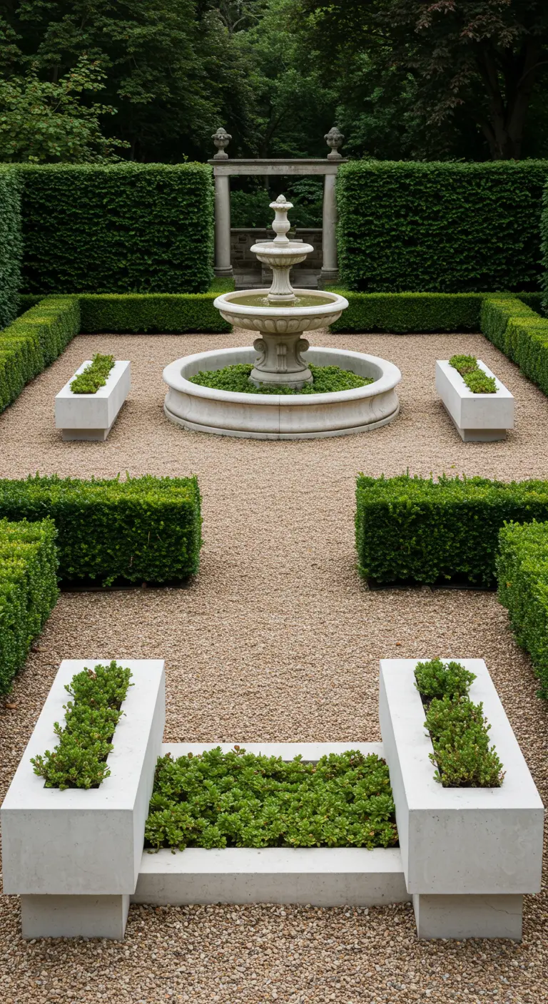 Symmetrical white concrete planter benches in a formal gravel garden with a fountain.