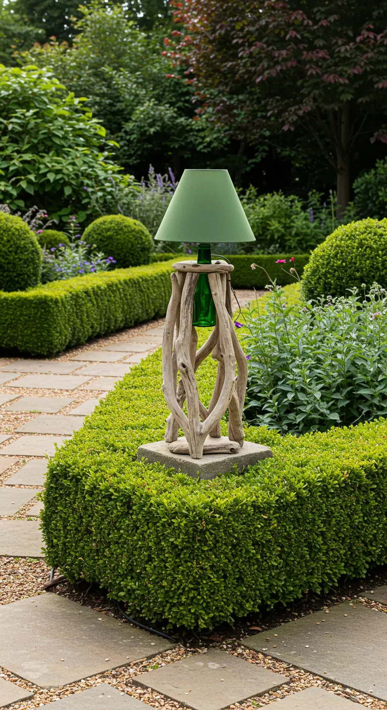 A tall driftwood and wine bottle lamp on a pedestal in a formal garden with hedges.