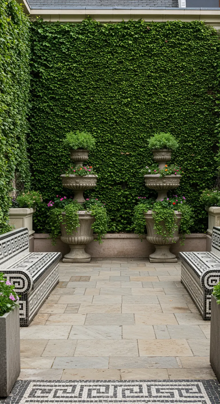 Symmetrical garden with two mosaic benches and large stone urns against an ivy wall.