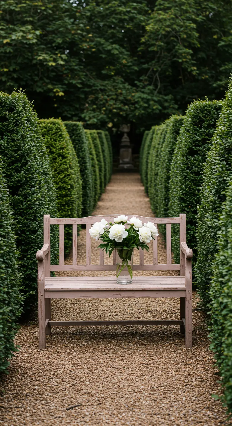 Pale pink bench at the end of a gravel path lined with boxwood hedges.