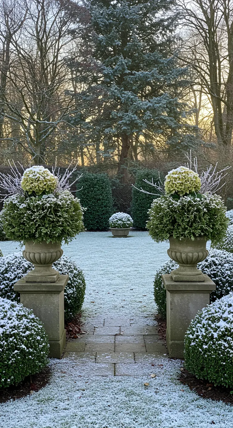 Two formal stone urns with clipped evergreens, hydrangeas, and tiny frosted branches in a snowy garden.