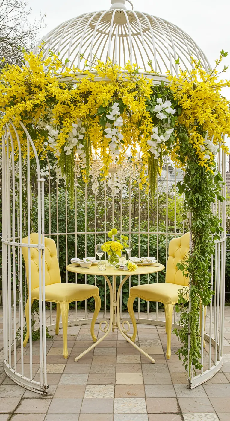 A white garden gazebo covered in bright yellow forsythia branches and featuring yellow velvet chairs.
