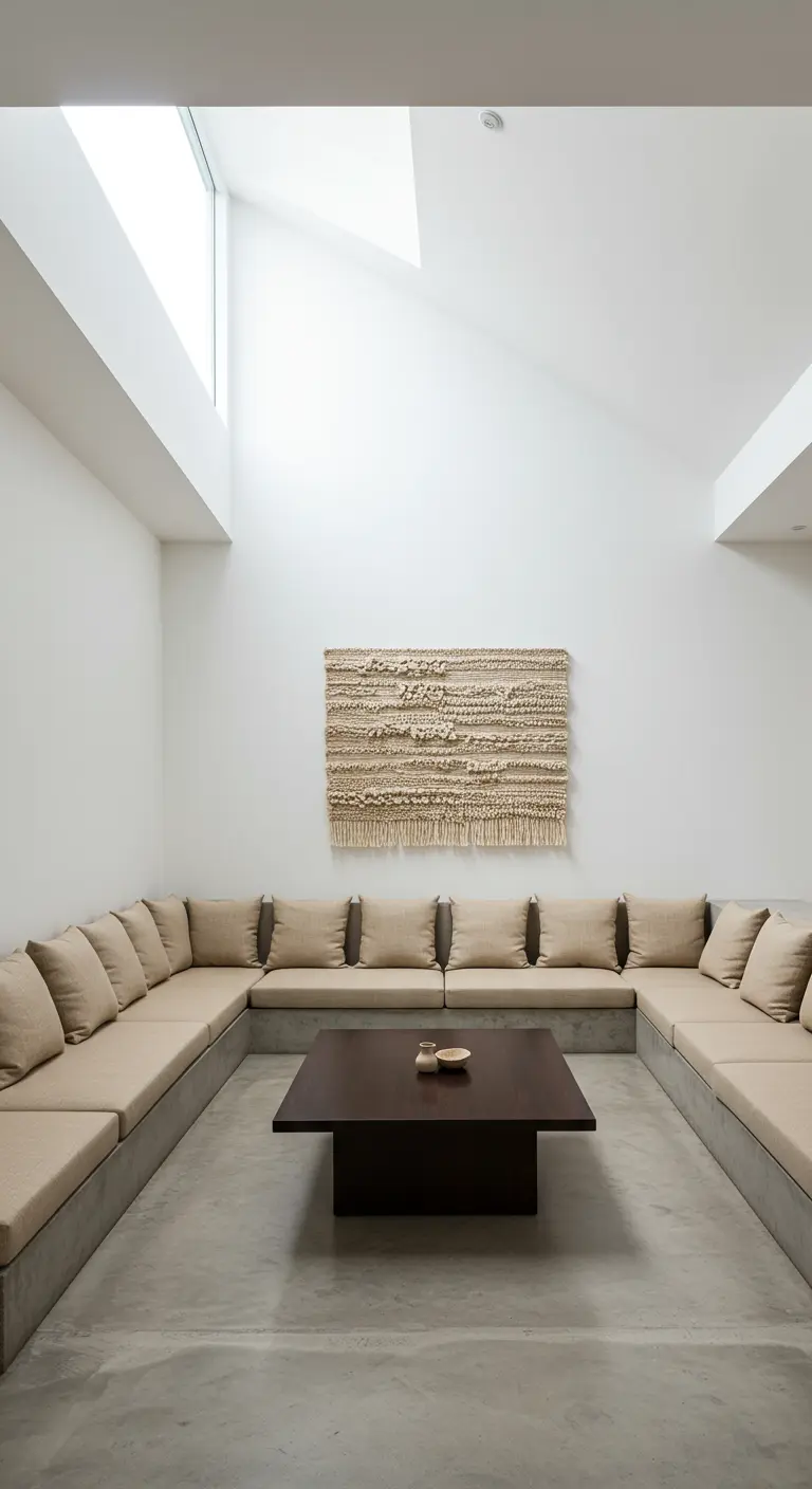 A sunken living area with U-shaped built-in beige seating and a dark wood coffee table.