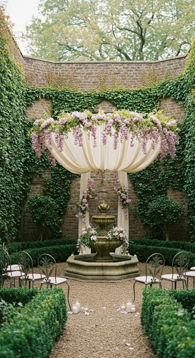 Floating canopy of fabric and pink wisteria over a garden fountain.