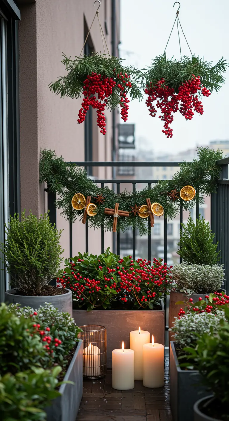Balcony with hanging evergreen and berry balls and a citrus-and-spice garland.