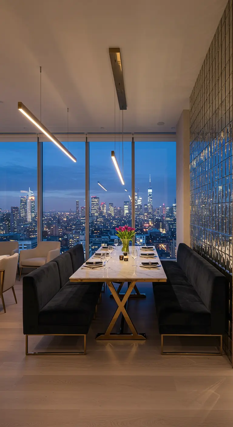 High-rise dining room with parallel black velvet banquettes overlooking a city skyline at dusk.