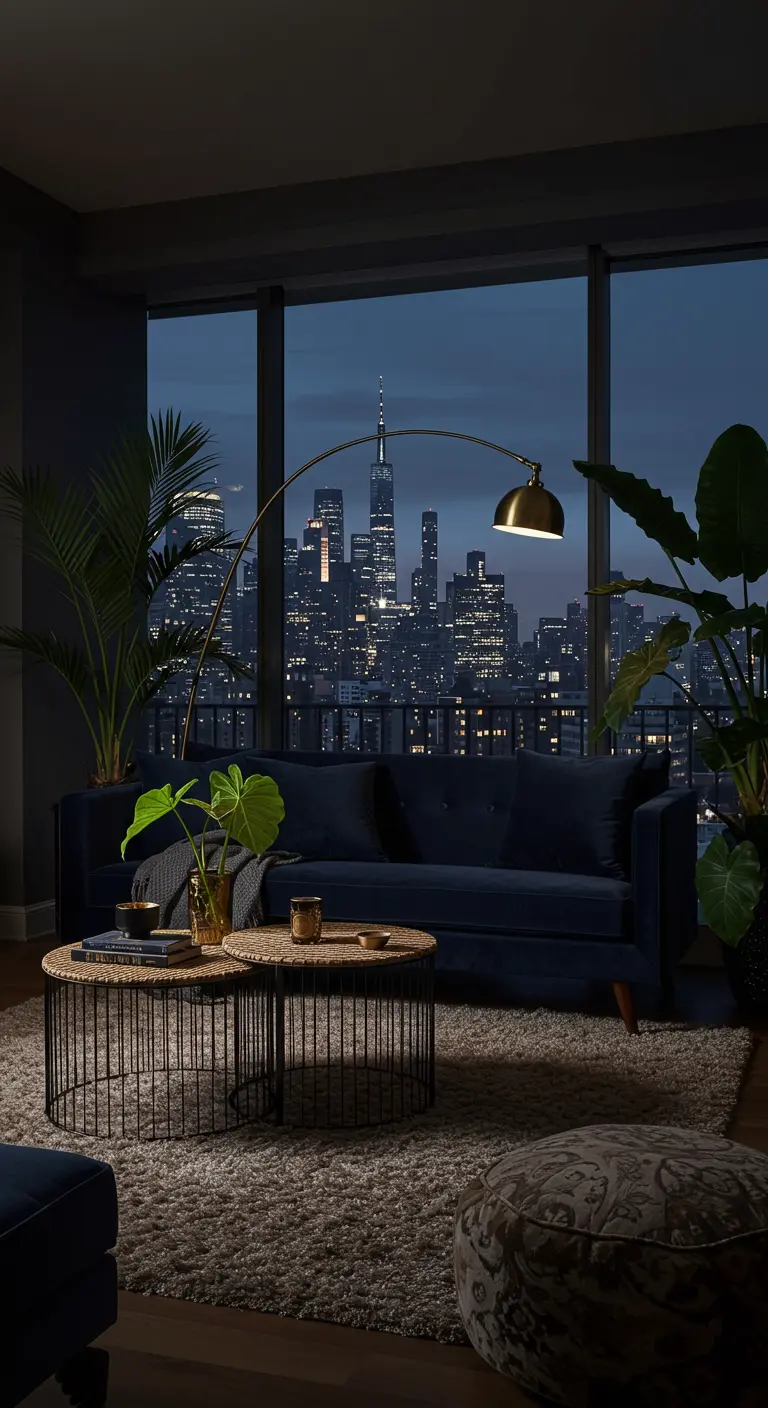 Moody living room at night with a city view, large plants, and a brass arc lamp.