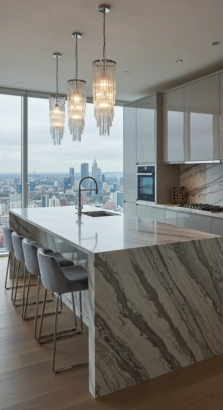 A modern high-rise kitchen with a city view, a large marble island, and three tiered crystal pendants.