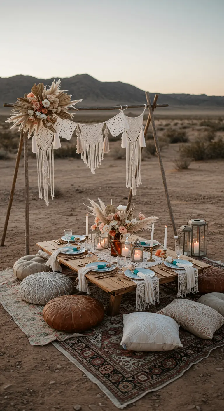 A boho-style desert picnic with a macrame banner, dried flowers, and low seating with cushions.