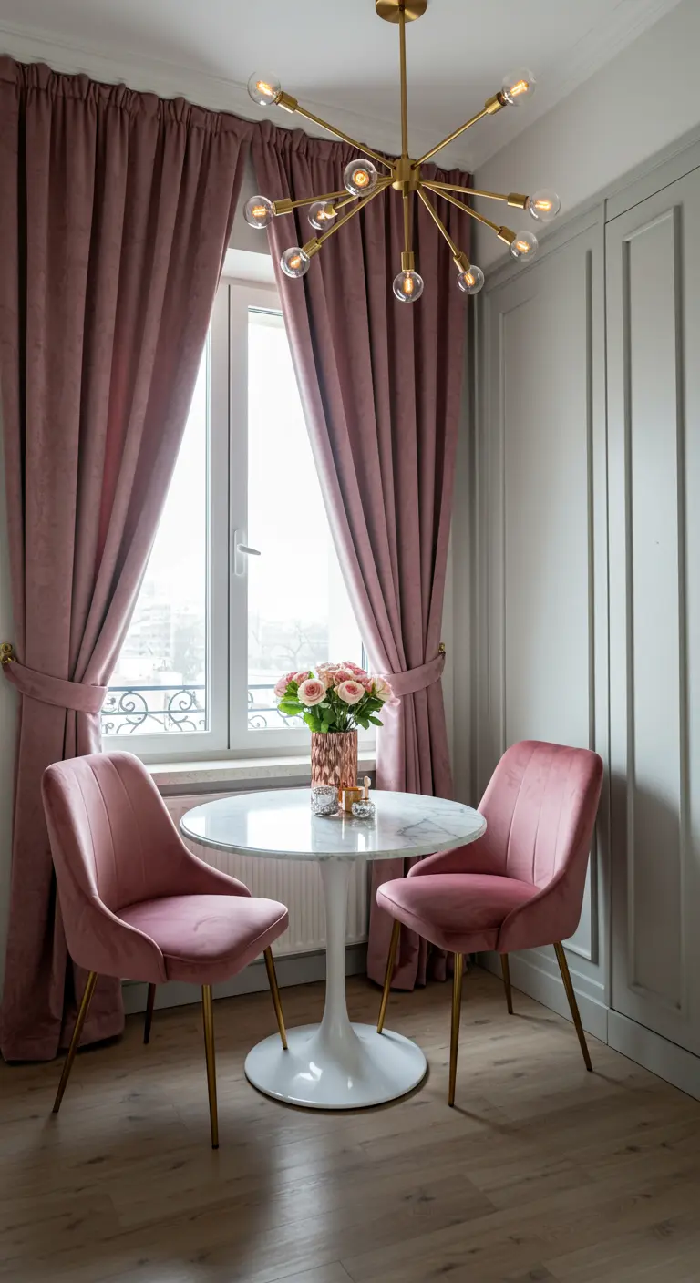 Pink velvet chairs around a marble table under a gold sputnik light.