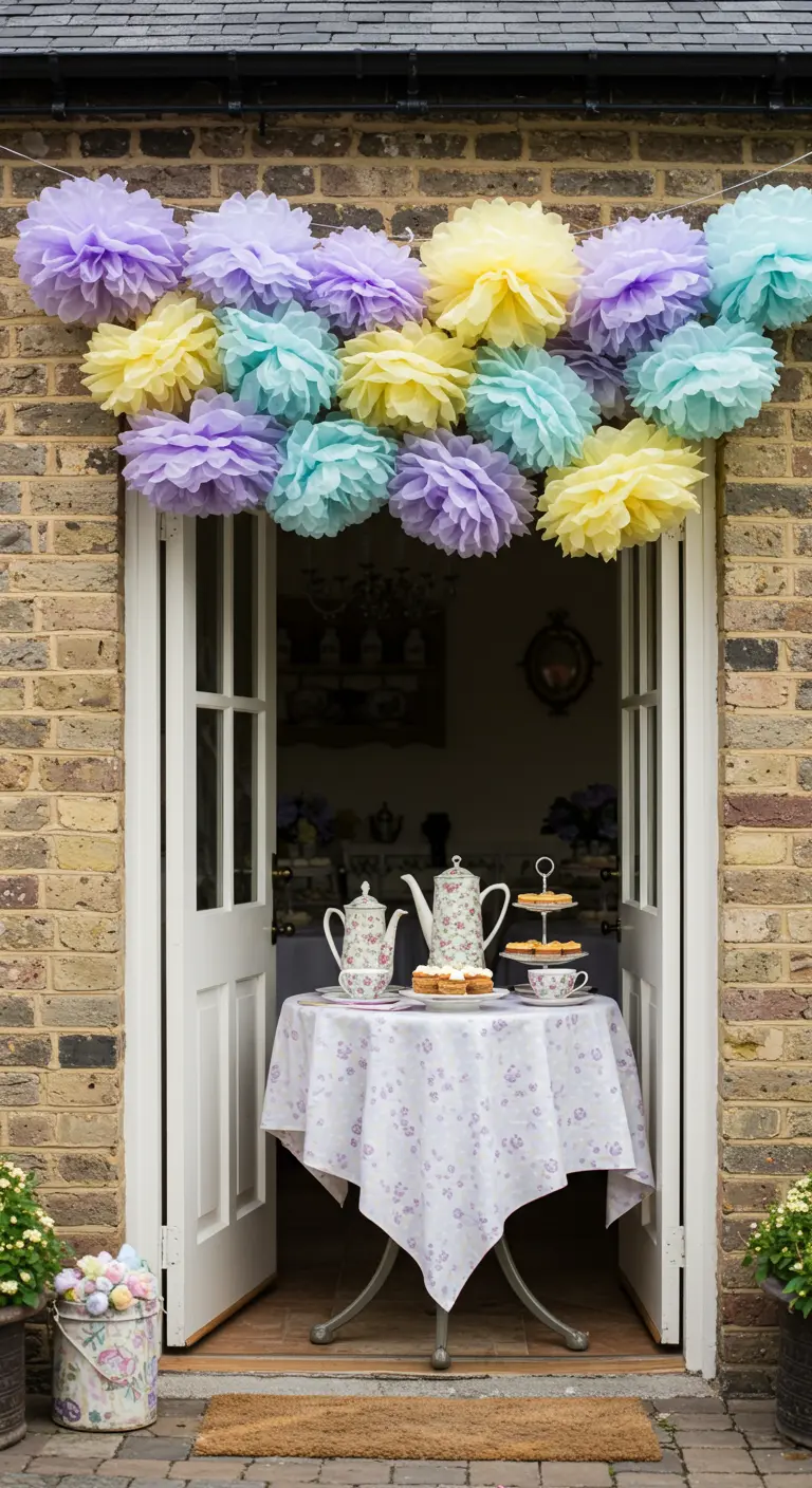 A doorway framed with a garland of pastel purple, yellow, and mint tissue paper pom-poms.