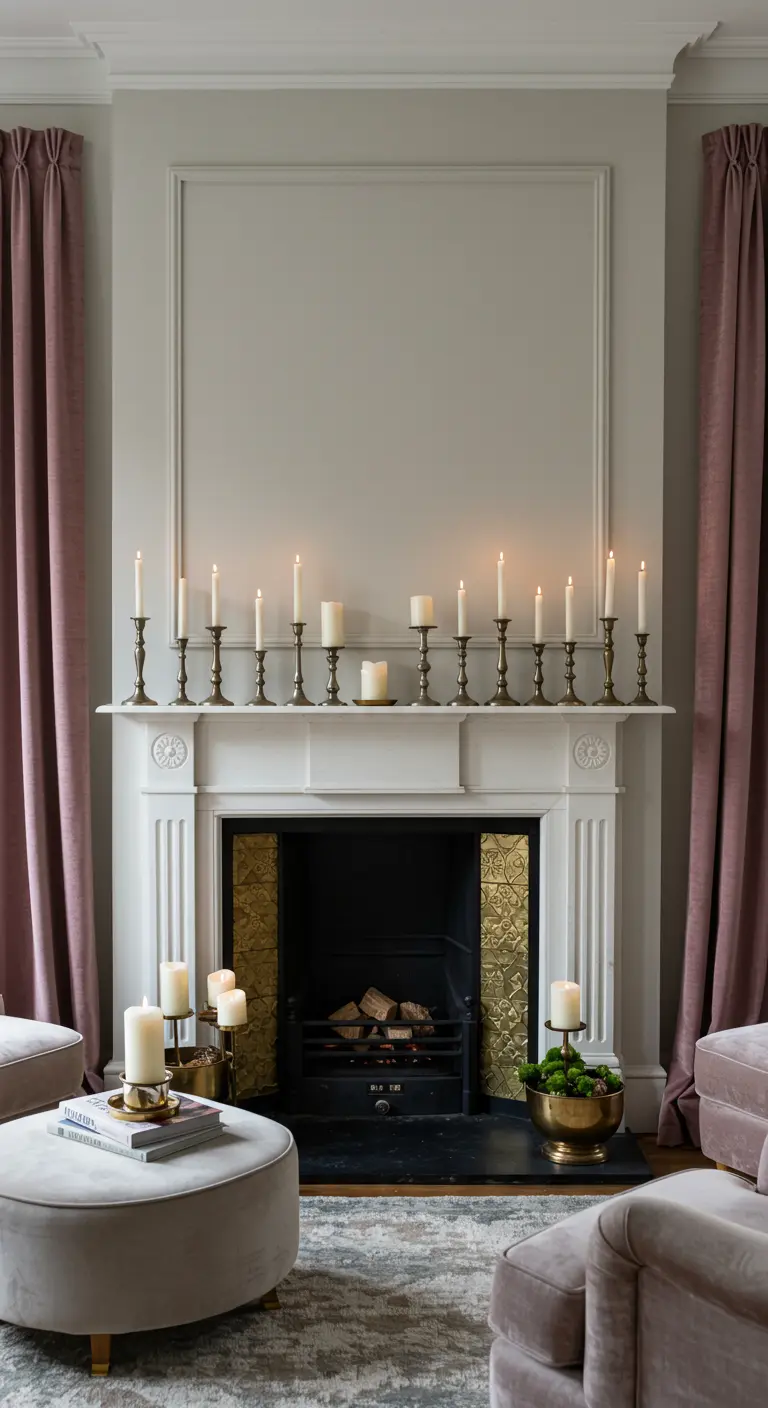 A classic fireplace mantel with candles, framed by pink velvet curtains.