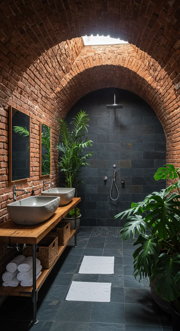 A stunning bathroom with a vaulted brick ceiling arching over a dark slate walk-in shower.