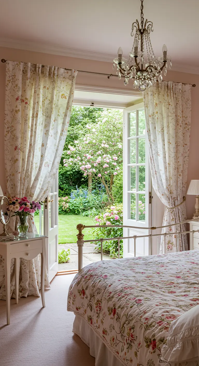 Bedroom with floral curtains opening to a lush garden view.