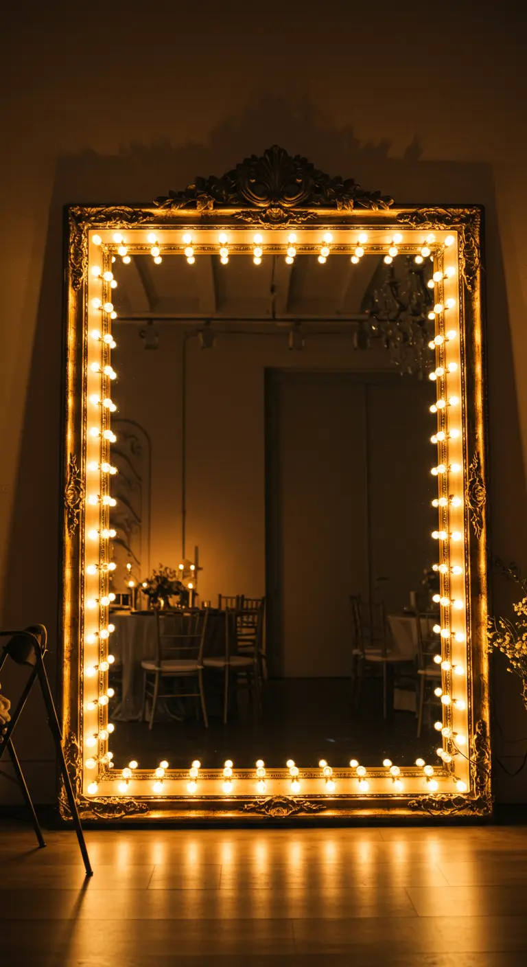 A large, ornate gold mirror framed with glowing globe string lights.