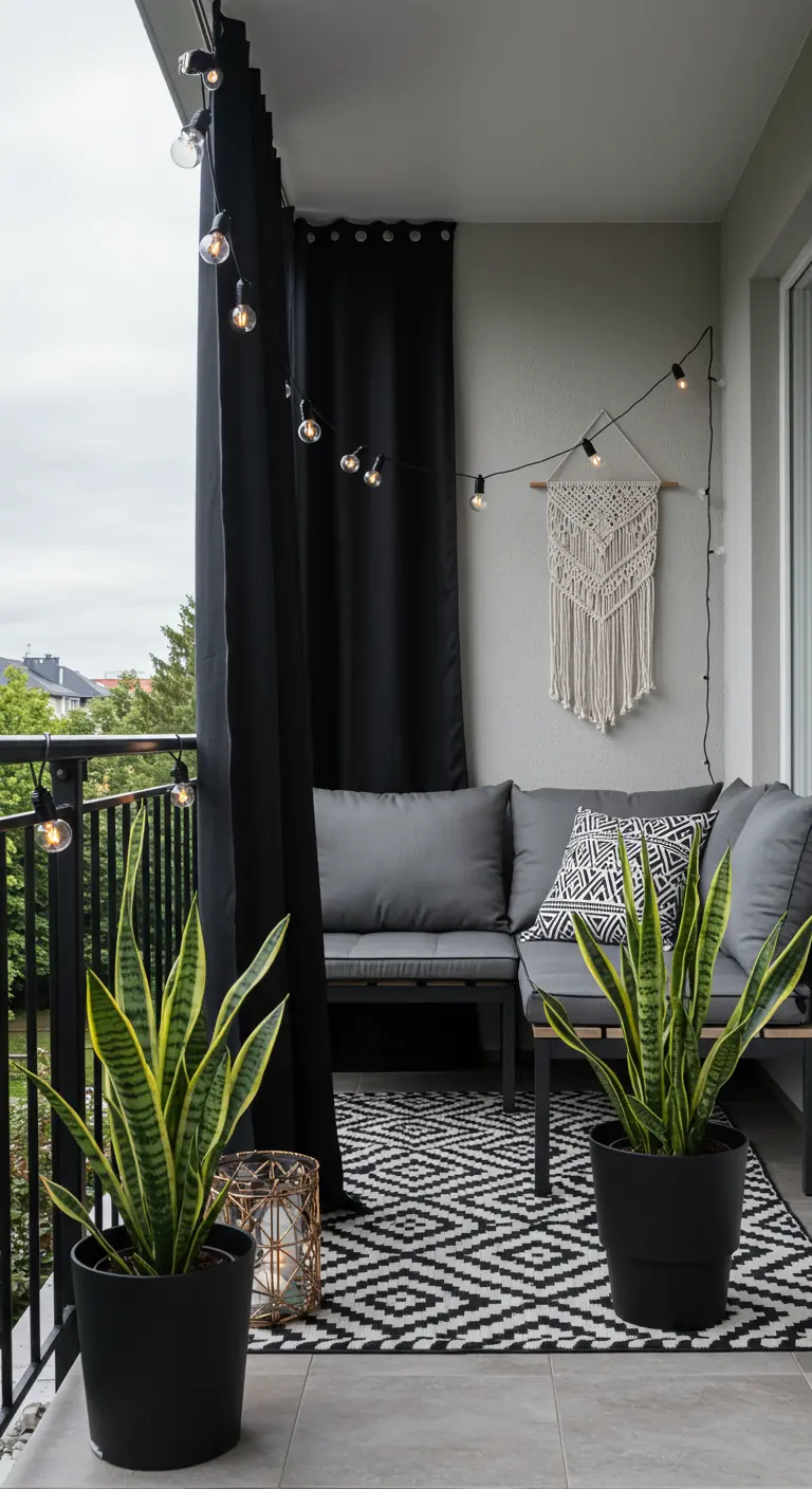 Modern balcony with black curtains, a grey sofa, snake plants, and a geometric rug.