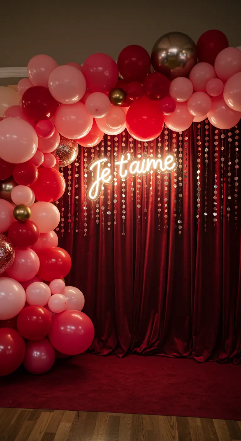 A photo booth with a red and pink balloon arch, a velvet curtain, and a 'Je t'aime' neon sign.