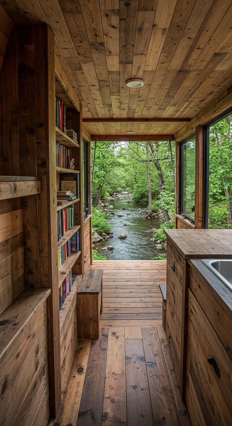 A floor-to-ceiling bookshelf in a tiny home frames a large window overlooking a creek.