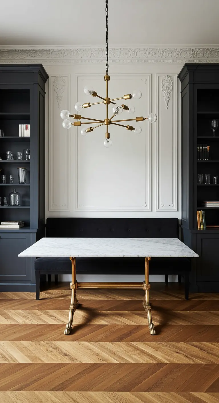 Dining banquette set between two tall black bookcases in a Parisian-style room.