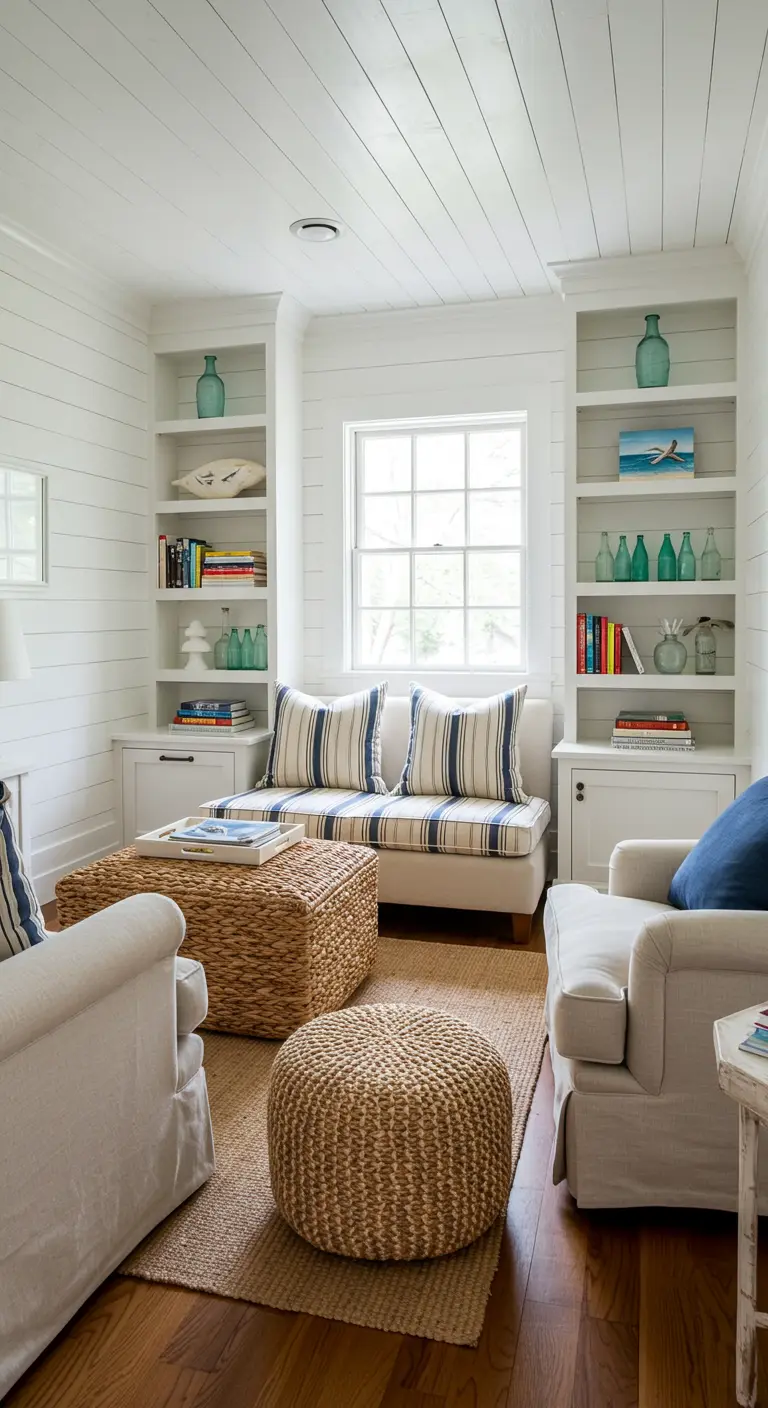 A cozy reading nook with a cushioned settee flanked by tall white built-in bookshelves.