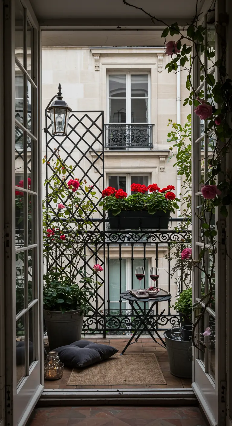 A classic Parisian balcony with a wrought iron trellis, red geraniums, and a small bistro table.