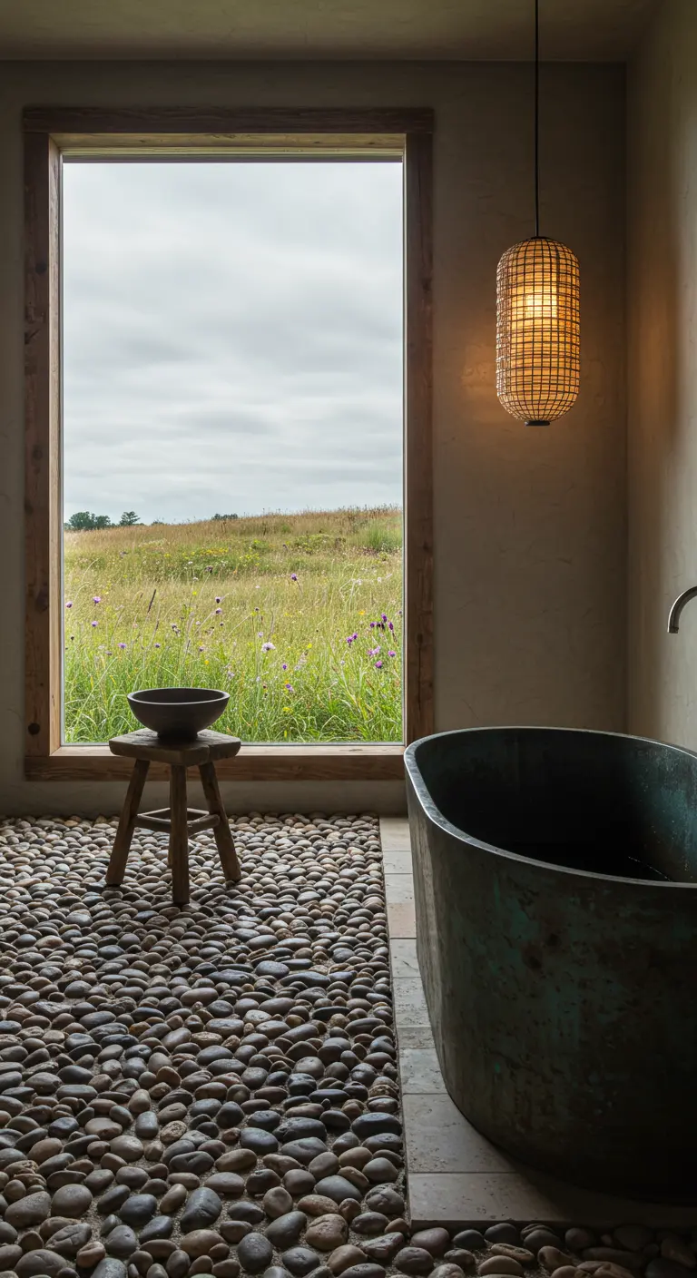 A dark metal tub and a simple stool sit before a window with a view of a wildflower meadow.