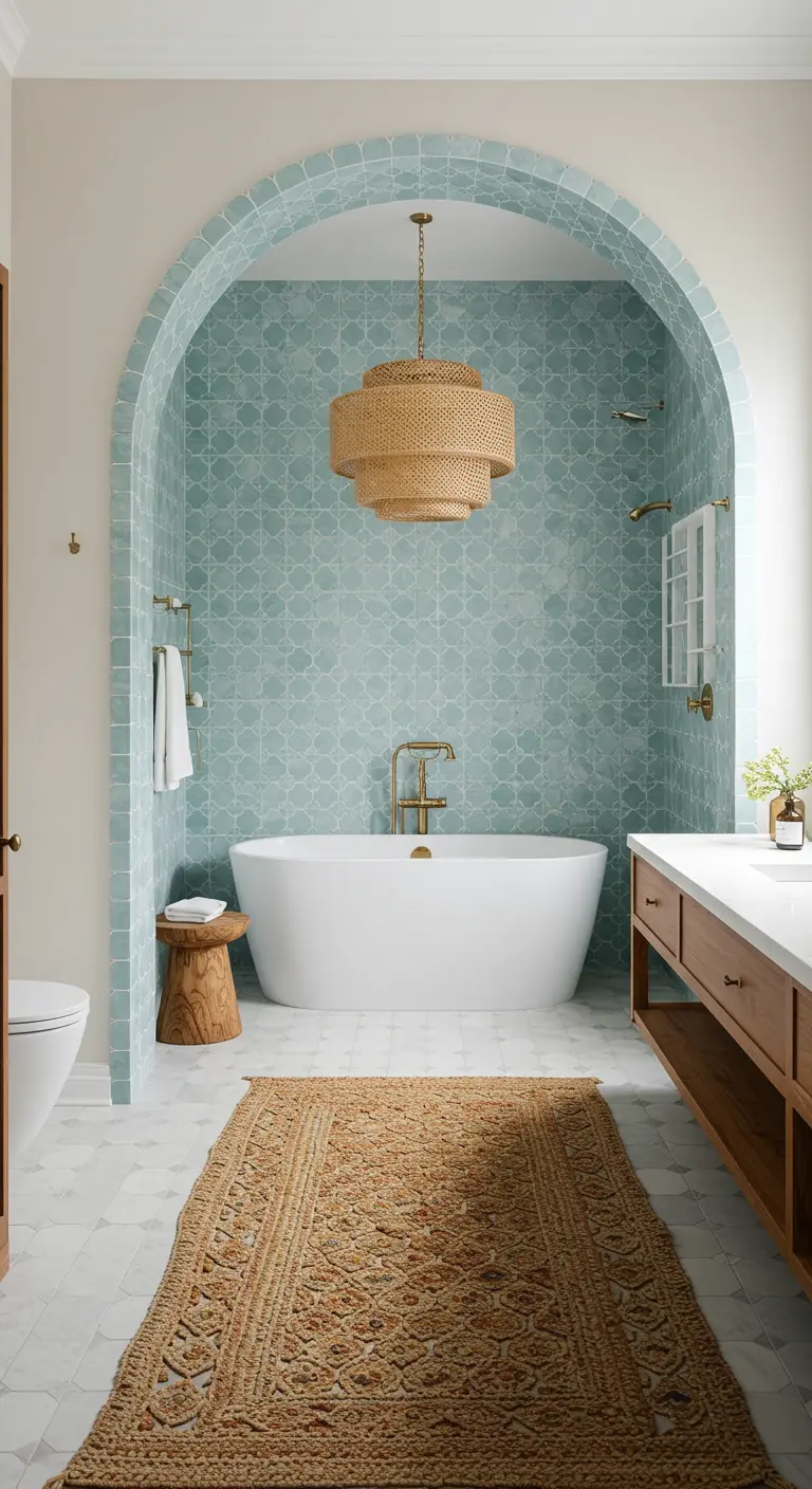 Freestanding tub framed by a large archway with blue patterned tile.