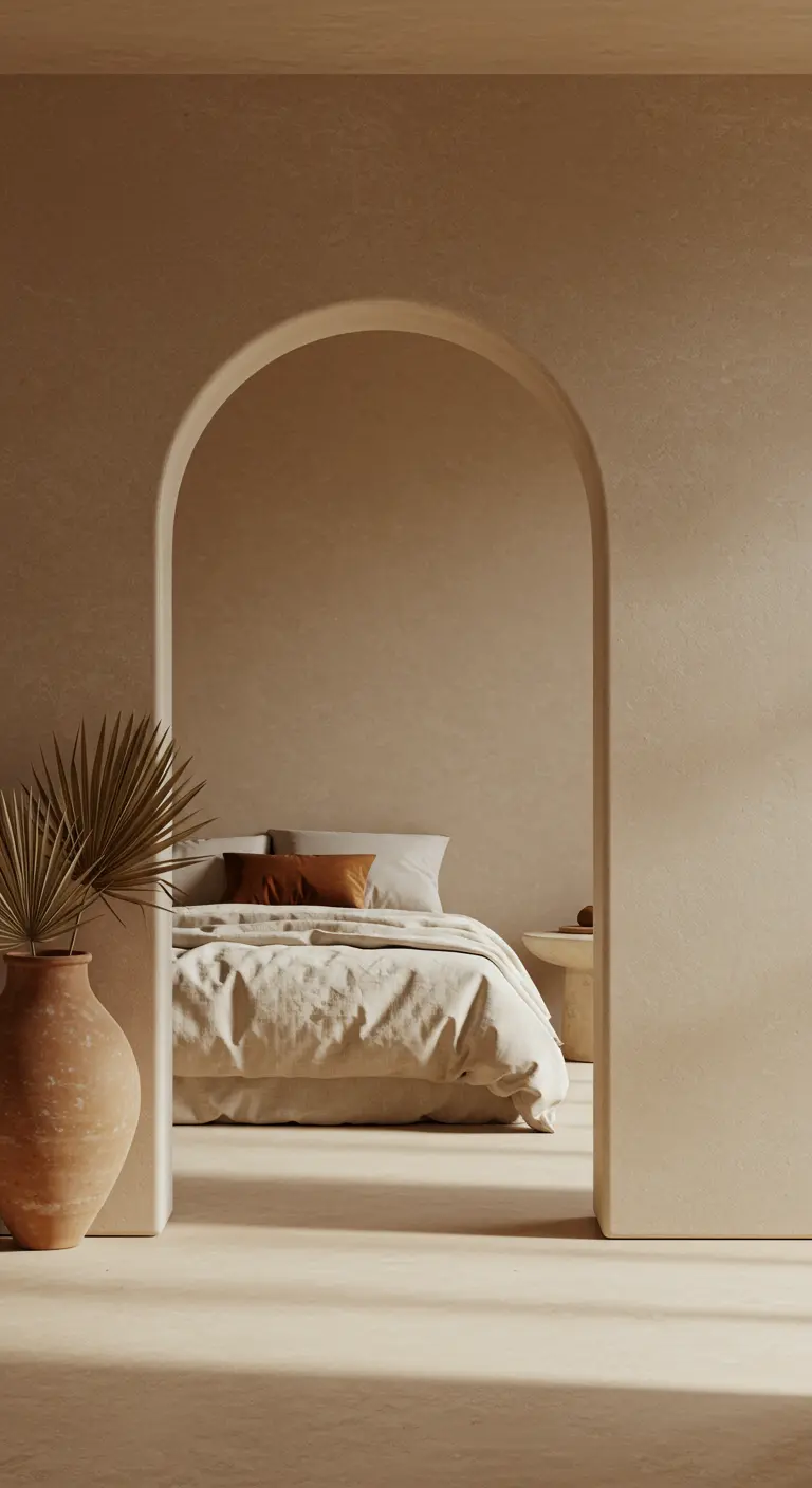 A simple, neutral bedroom viewed through an elegant arched doorway.