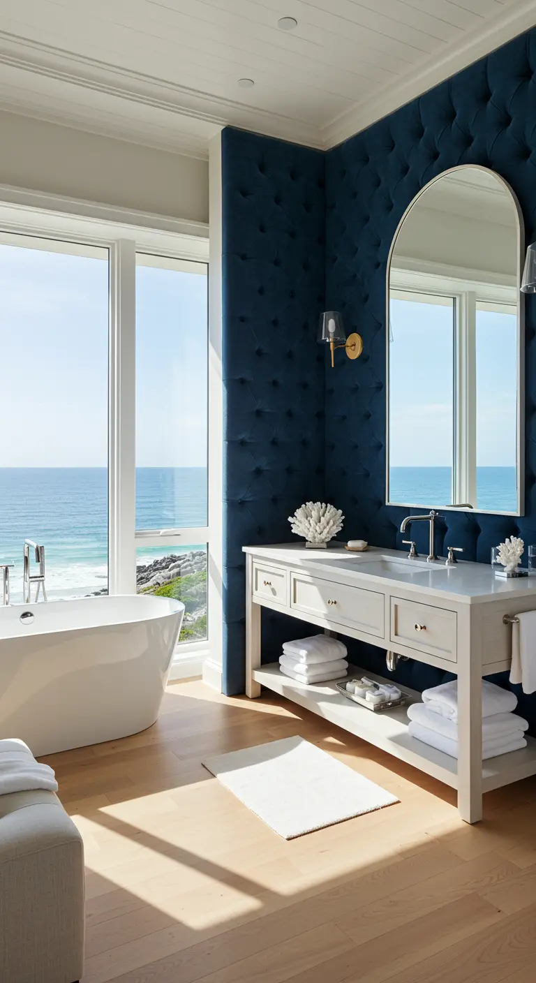 Bathroom with a deep blue tufted velvet wall next to a large window overlooking the ocean.