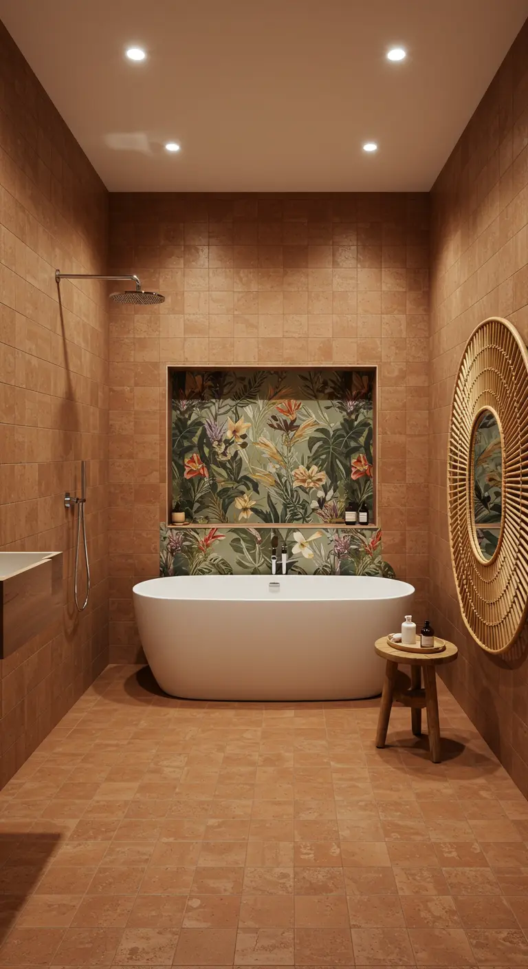 Terra-cotta tiled bathroom with a wallpapered niche behind a freestanding bathtub.