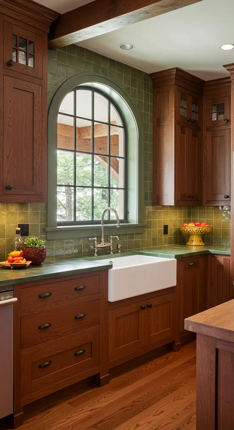 Rustic wood kitchen featuring a large arched window with black frames over the sink.