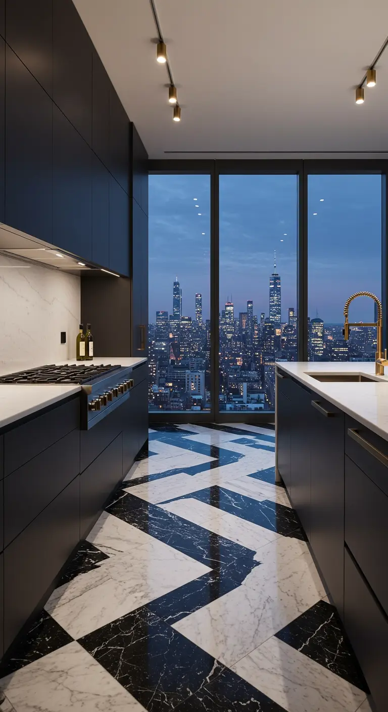 Modern black kitchen with floor-to-ceiling windows overlooking a city skyline at dusk.