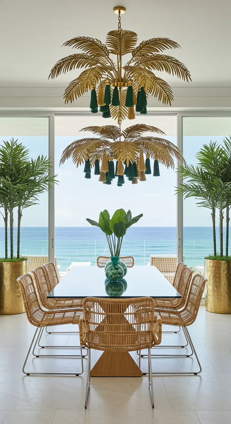Coastal dining room with a tiered brass palm frond chandelier overlooking the ocean.