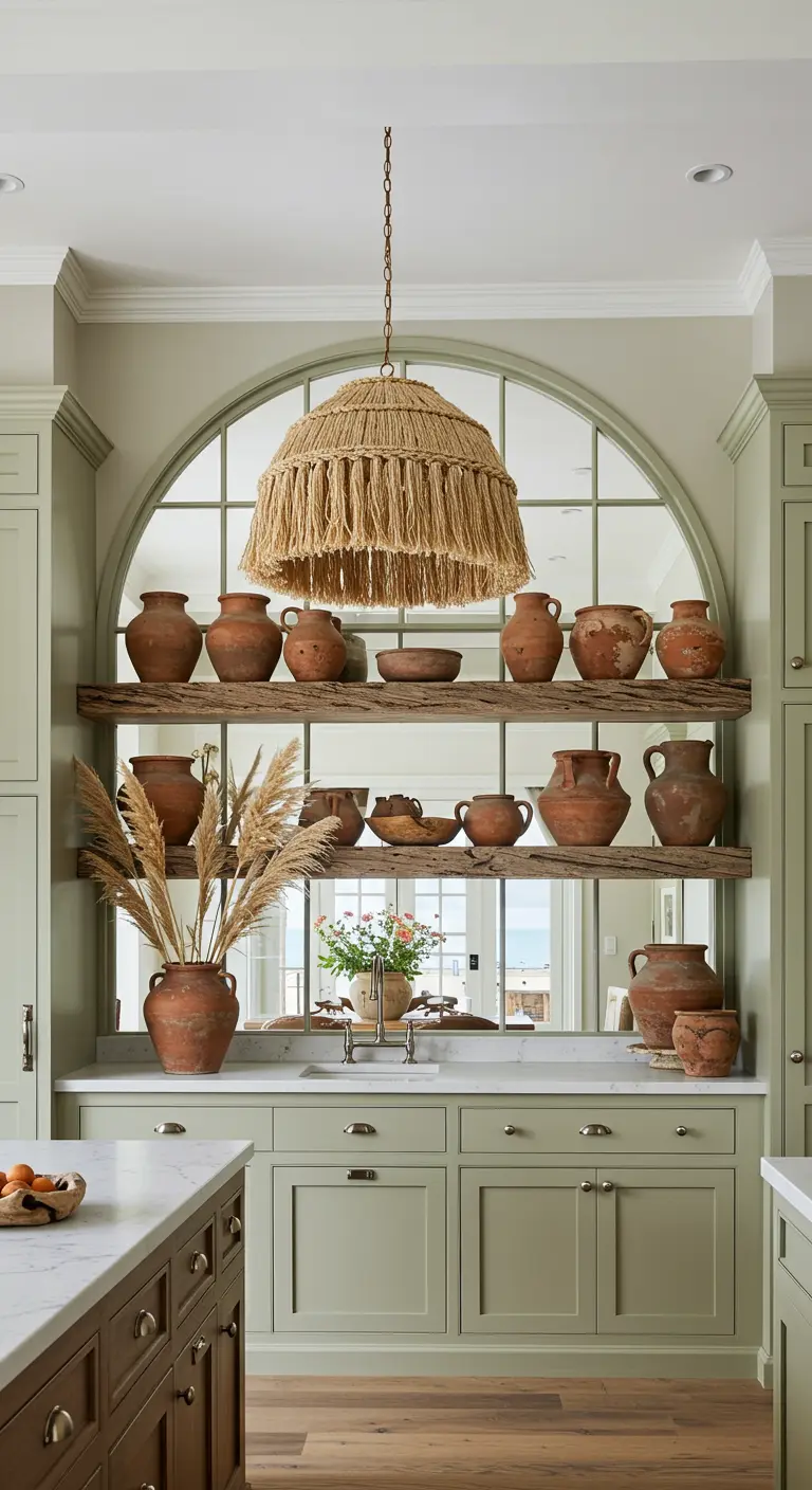 A fringed woven pendant hangs in front of an arched window with sage green cabinets below.