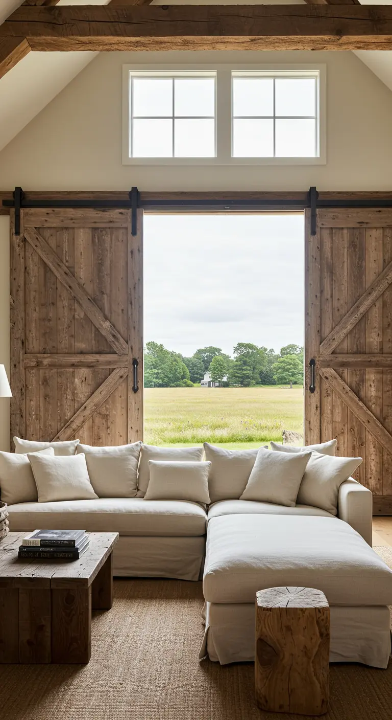 Living room with a large opening to a field, framed by two sliding barn doors.