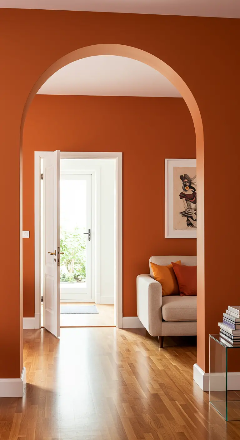A terracotta-painted arch frames a doorway leading to a brighter room.
