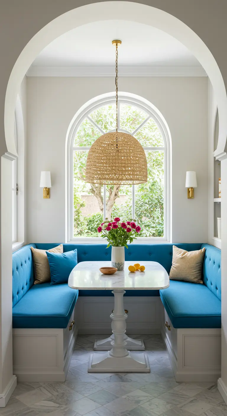 Breakfast nook with a turquoise U-shaped banquette, framed by a large white archway.