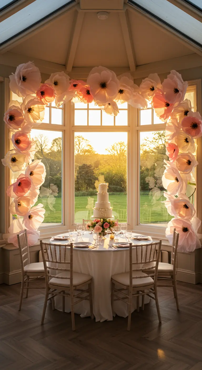 A bay window framed with an arch of delicate, light-hued paper poppies, with a cake in front.