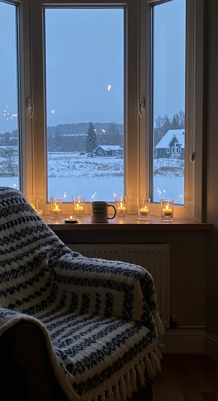 Armchair with a patterned throw looking out a window lined with candles onto a snowy landscape.