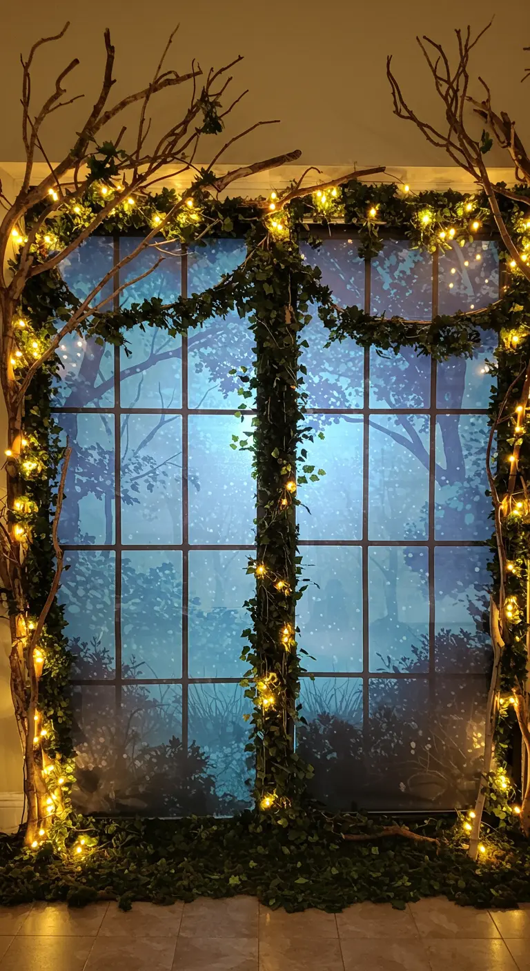 A large window frame made of branches in front of a forest backdrop, wrapped in ivy and lights.