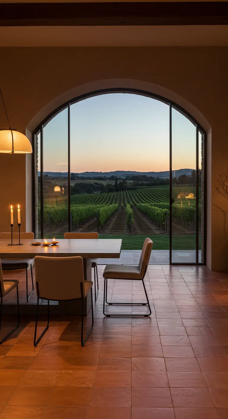 A modern dining room with a large arched window overlooking a vineyard at dusk.