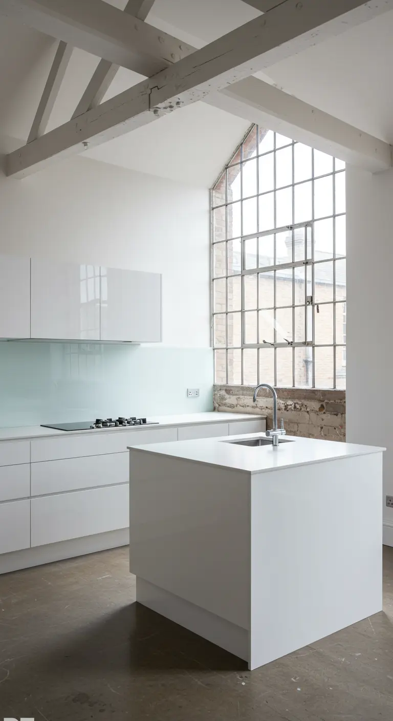 Minimalist white kitchen in a loft with a large industrial window and exposed brick.