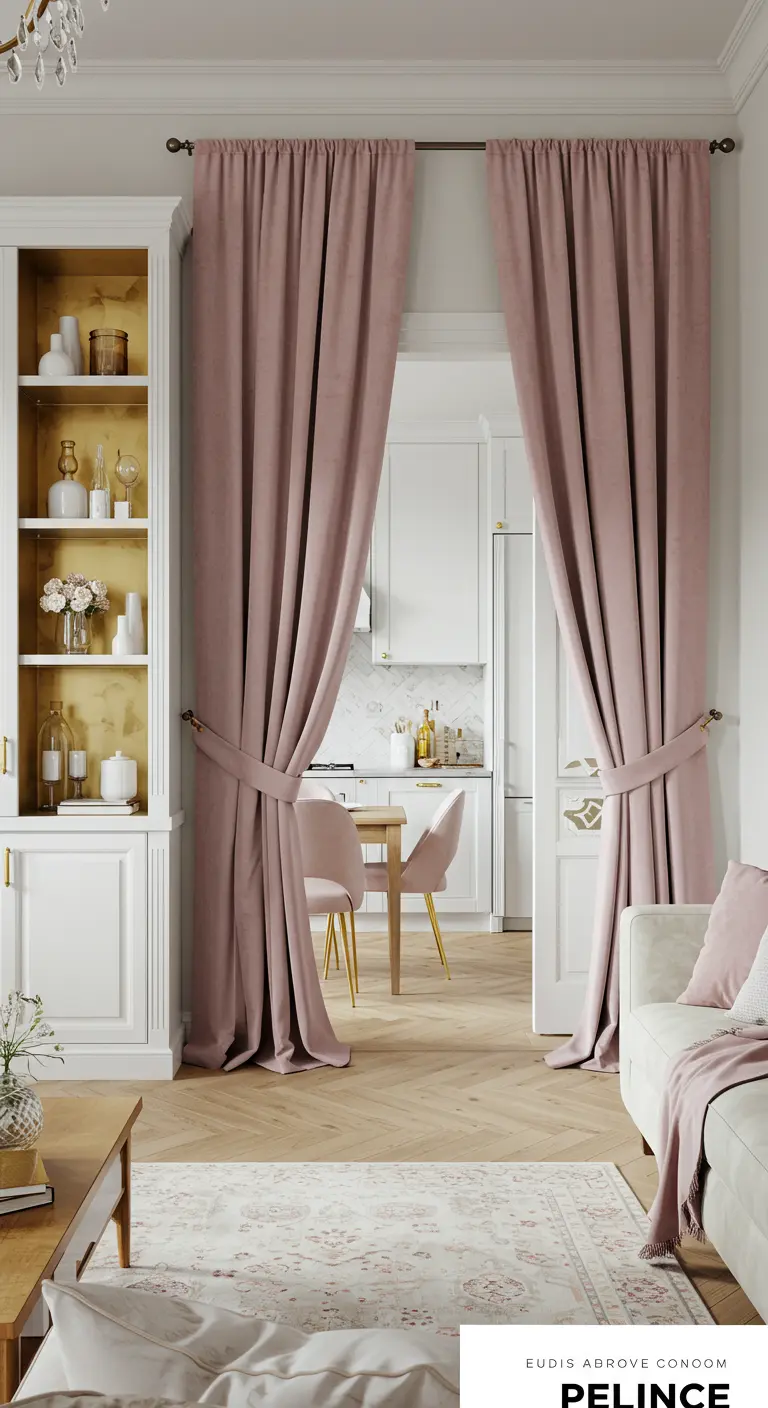 Pink velvet curtains frame the opening from a living room to a kitchen.
