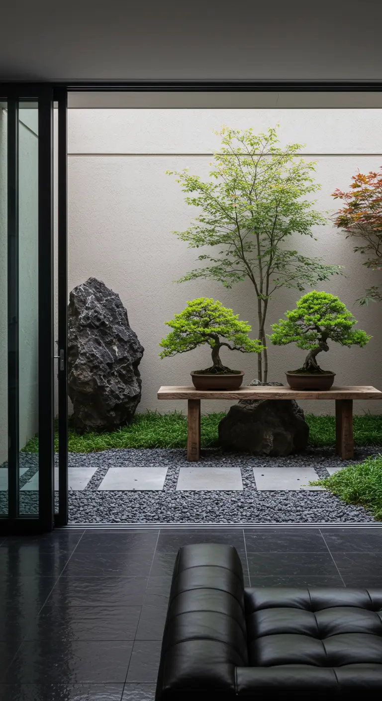 View from a dark living room into a minimalist zen garden with rocks and bonsai trees.