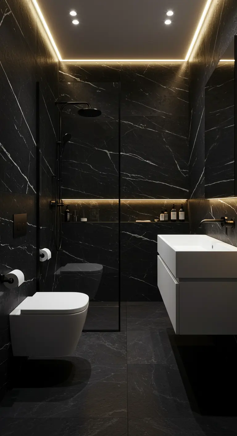 Black marble bathroom with a floating toilet and vanity, lit by a warm LED strip in a niche.